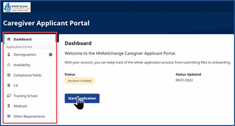 Caregiver Applicant Portal: Dashboard Page and Application Forms Menus