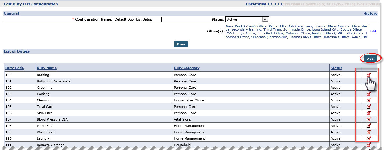 Duty List Setup: Add/Edit Options