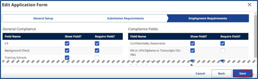 Employment Requirements Section: Click Save