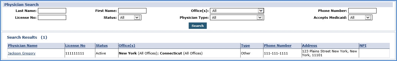 Physician Search Window