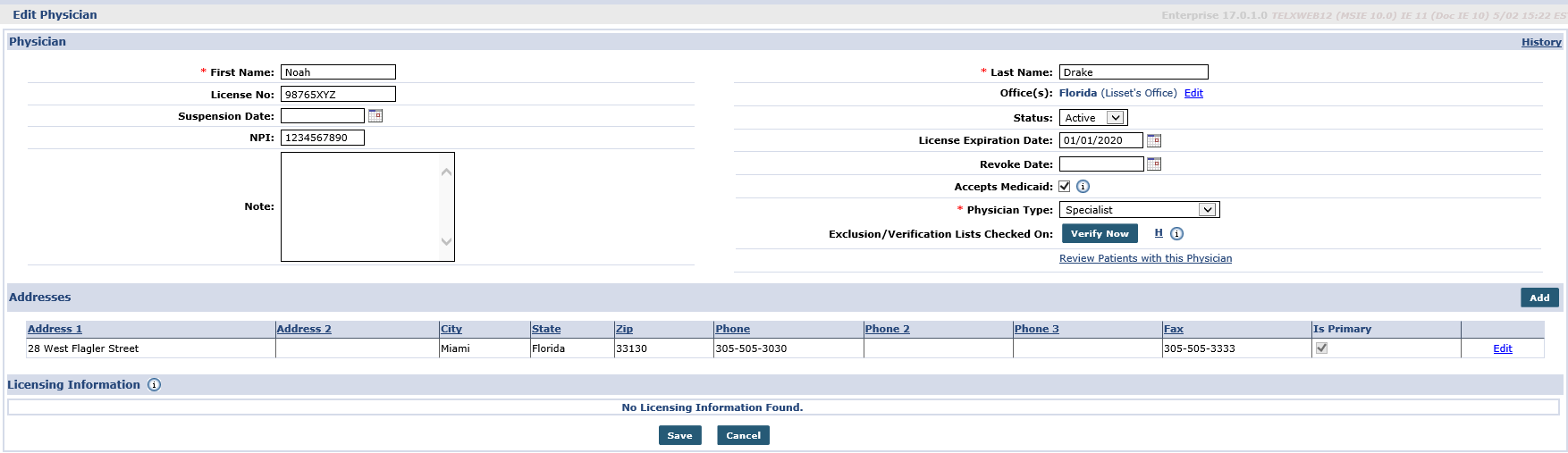 Edit Physician Window