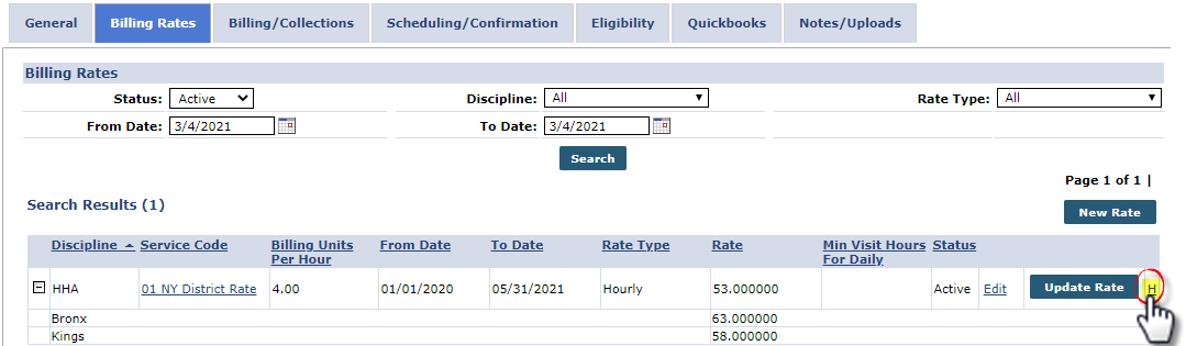 Billing Rates: History (H) Link