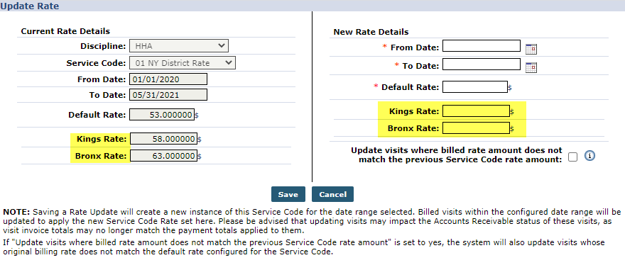 Update Rate Window: District/Area Rate Fields