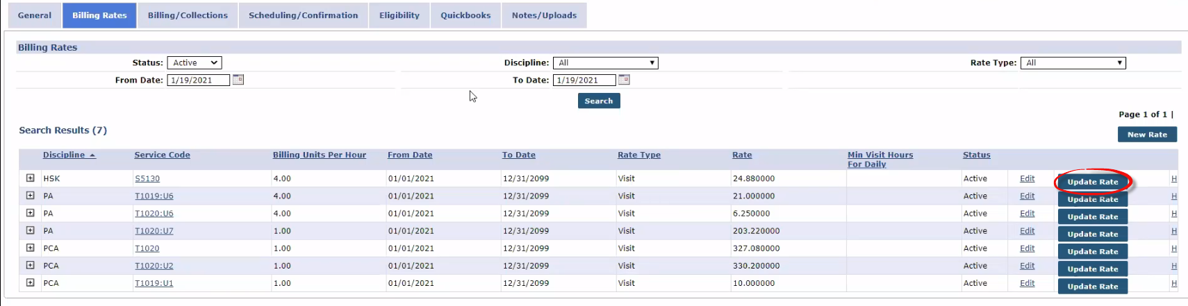 Contract Setup: Billing Rates: Updating a Rate