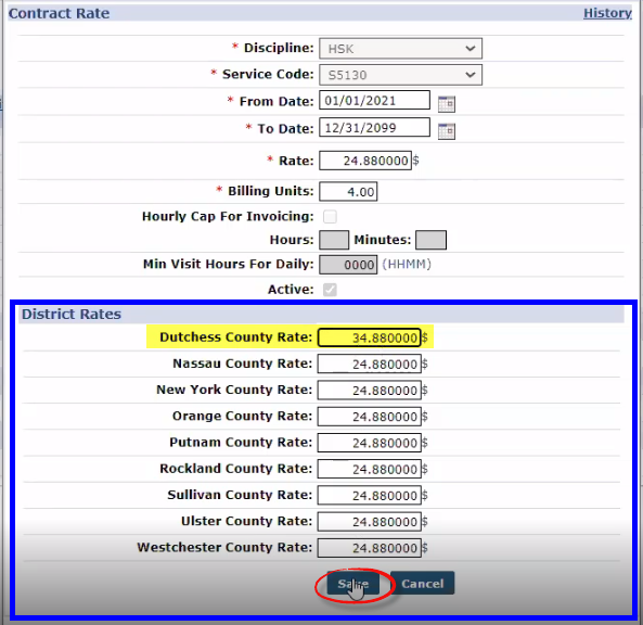 District Rates Section: Update Rate