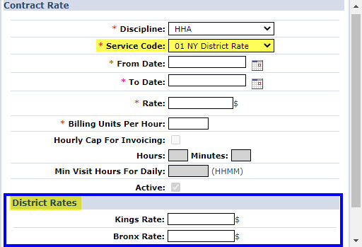 Adding a New Rate: Contract Rate Window/District Rates