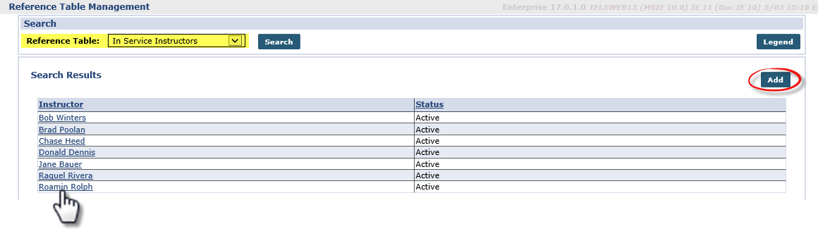 Reference Table: In Service Instructors