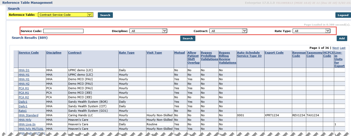 Reference Table: Contract Service Code