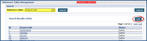 Export Code Reference Table