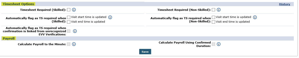 Timesheet Options and Payroll Sections