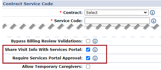 Contract Service Code Window: Service Portal Options