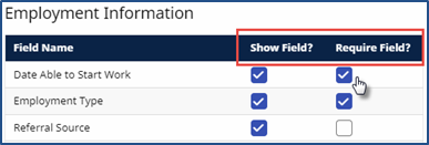 Show Field and Require Field Columns