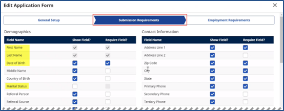 Submission Requirements Tab