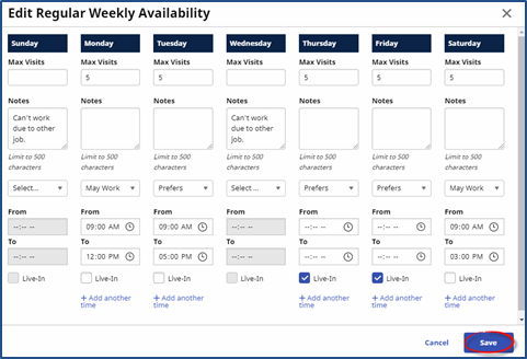 Edit Regular Weekly Availability Window