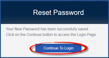 On the Reset Password page, the Continue to Login button displays emphasized.