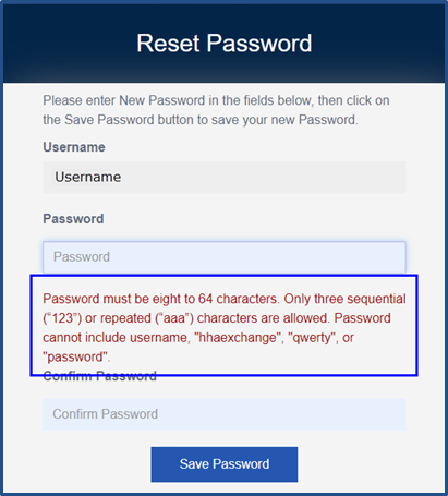 In the image, on the Reset Password page, the instructions display for the new password, such as a 64-character limit.