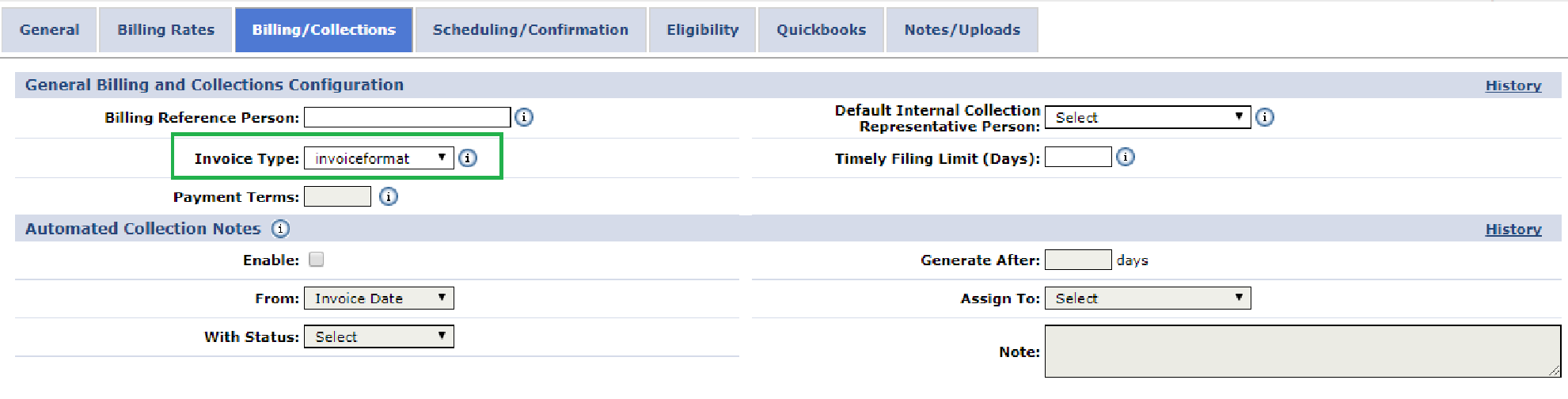 Billing/Collections – Invoice Type field