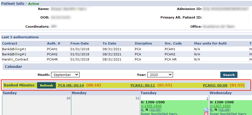 Patient Calendar: Banked Minutes