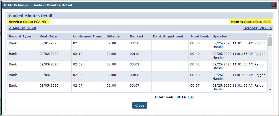 Banked Minutes Detail Window