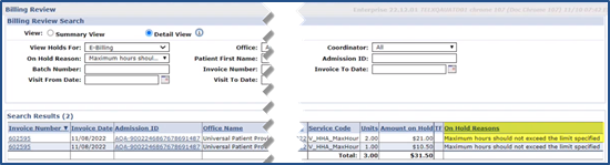 Billing Review Page: Maximum Hours Should not Exceed the Limit Specified Hold