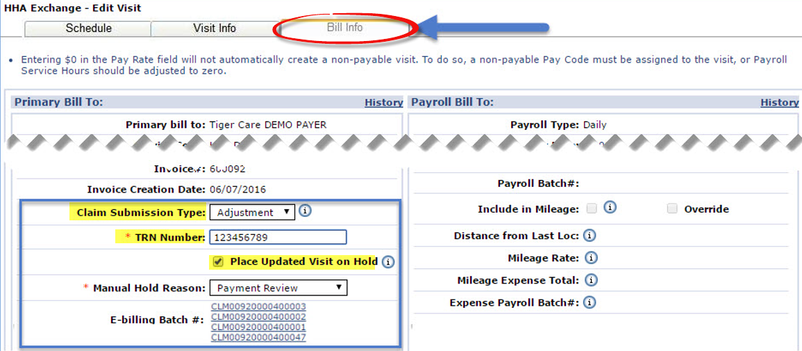 Bill Info Tab – Claim Adjustment