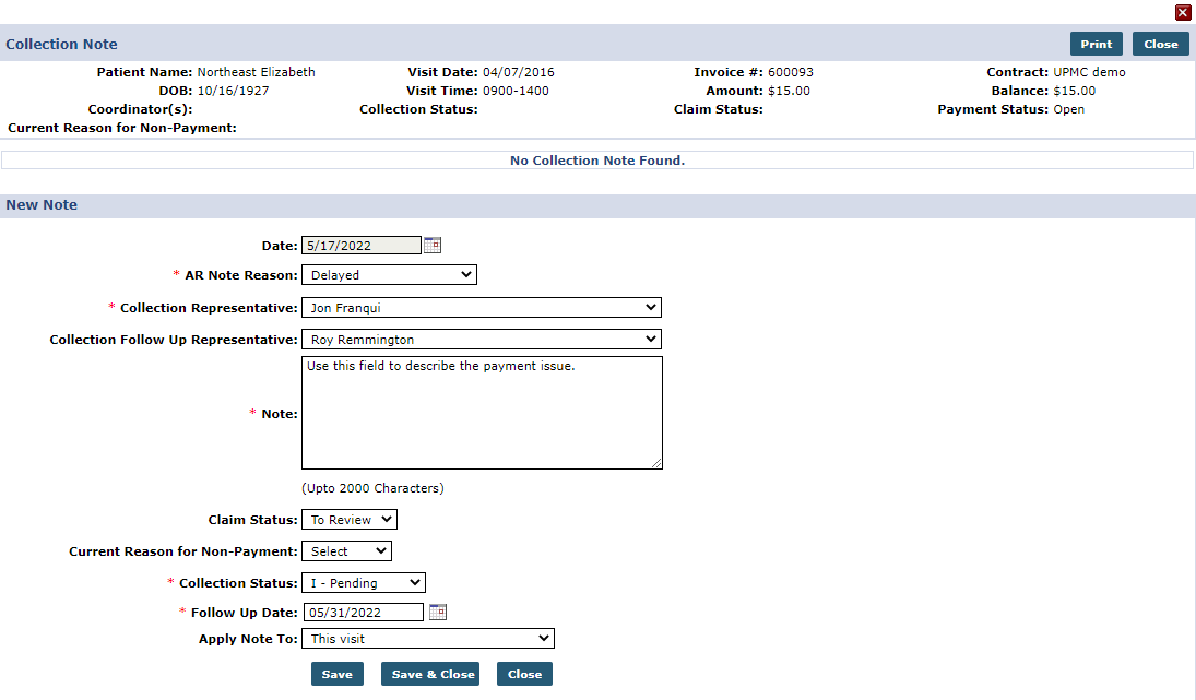 Collection Dashboard: Collection (New) Note