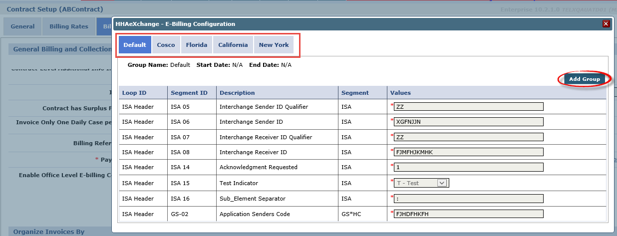 E-Billing Configuration Window – Default Tab