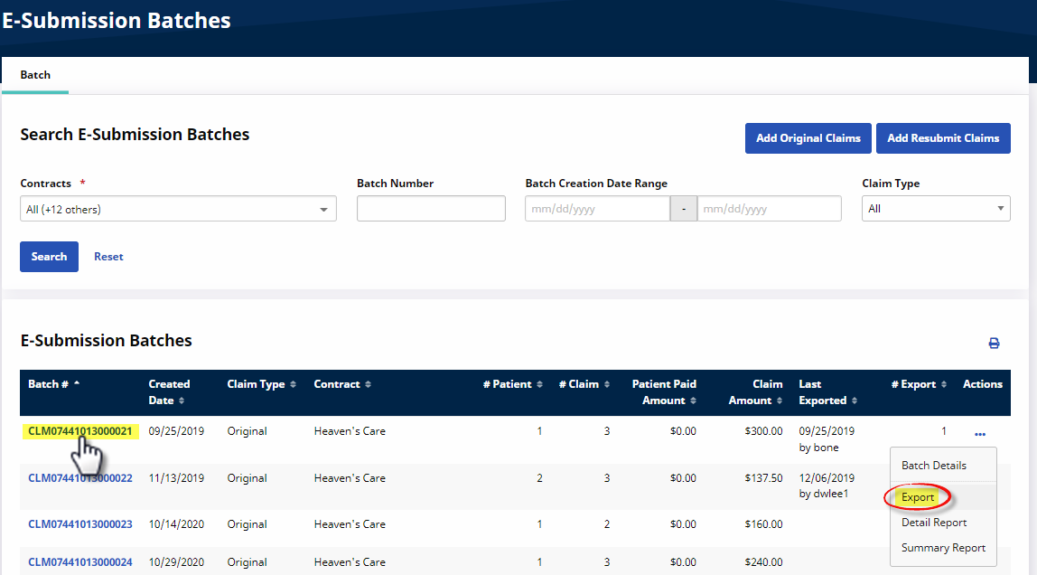 E-Billing Batch Search Results to Export