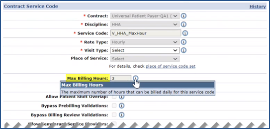 Contract Service Code Window: Max Billing Hours Field