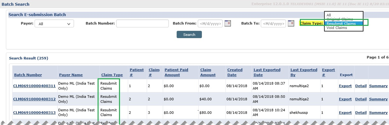 Resubmitted Claims Search Results