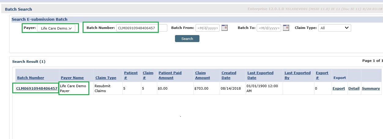 Batch Search by Payer and Claim Batch Number