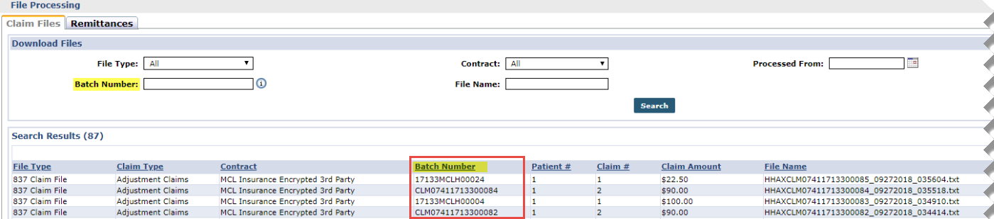 File Processing Batch Number Search Filter/Column