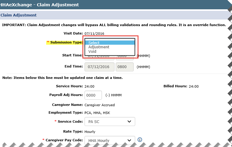 Claim Adjustment: Submission Type Field