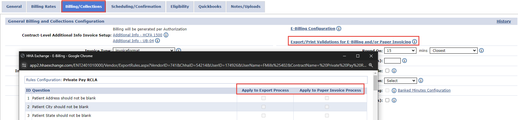 Billing Export Requirements selections