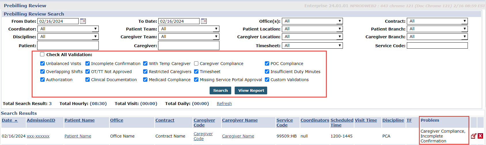 Prebilling validations