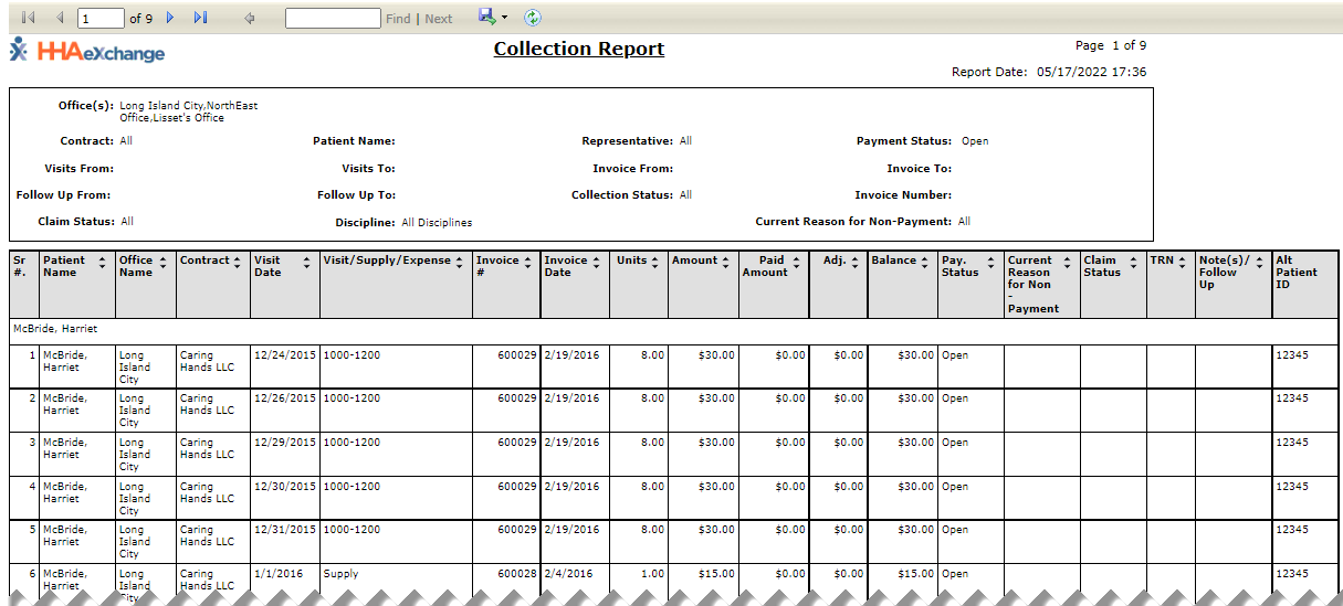 Collection Report, Detail View by Patient