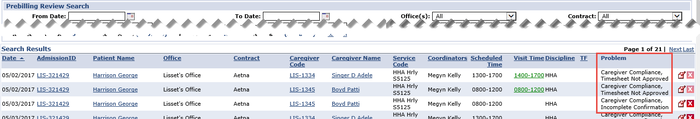 Prebilling Exception Results