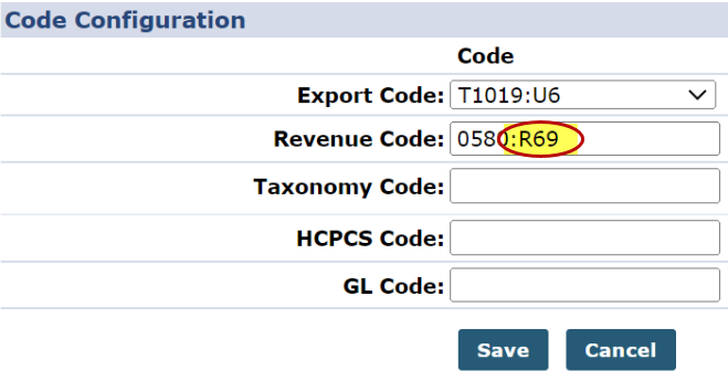 This image shows the entered value with added colon and number in the Revenue Code fiield. 