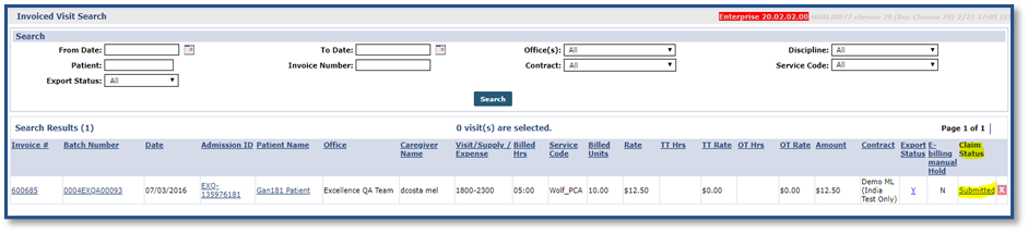 Invoiced Visit Search: Claim Status Column