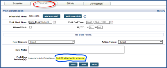 Visit Info Tab - No POC Attached Prebilling Problem