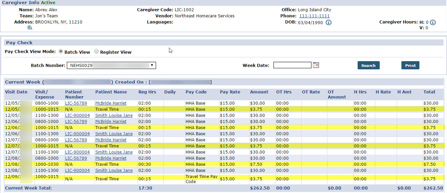 This image shows the various Travel Time entries on a batch in the Caregiver's Pay Check page.