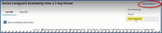 Caregiver Availability: Bulk Actions > Edit Availability