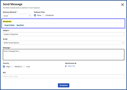 Broadcast Message to Selected: Email Delivery Method