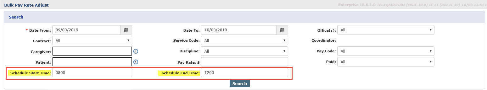 Bulk Pay Rate Adjust Page: Schedule Start/End Time Search Fields