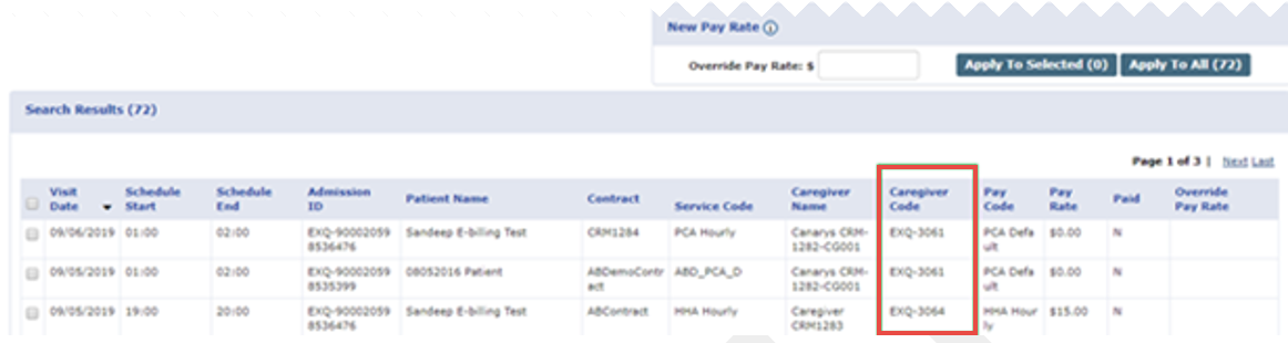 Caregiver Code Column in Bulk Pay Rate Adjustment Page