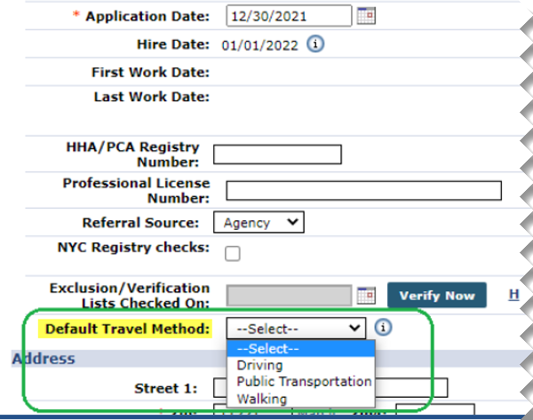 This image shows the opened Default Travel Method field with available options. 