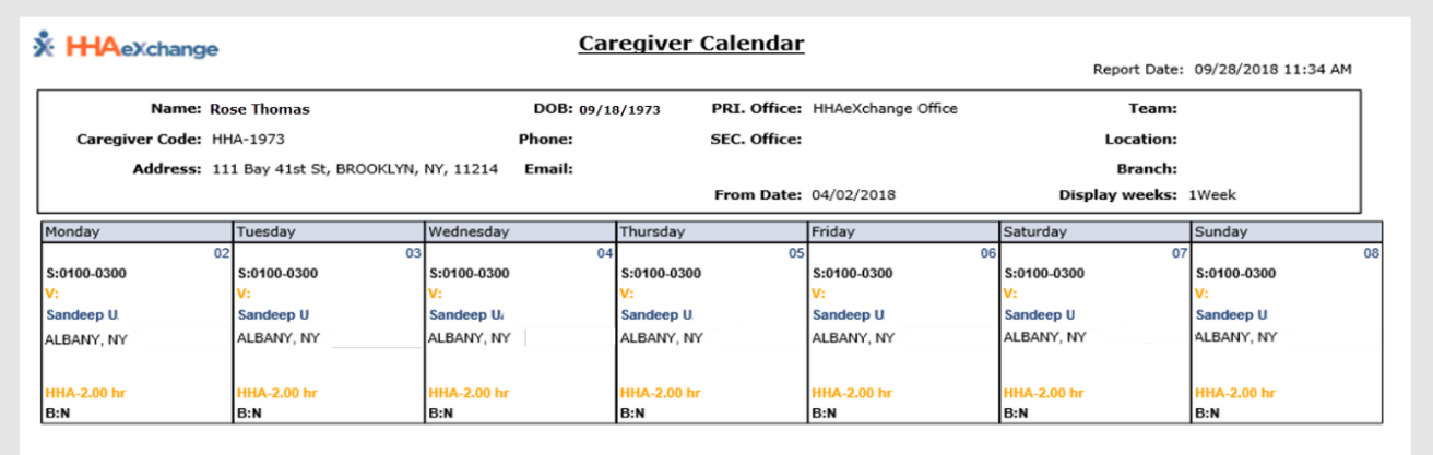 Caregiver’s Weekly Schedule