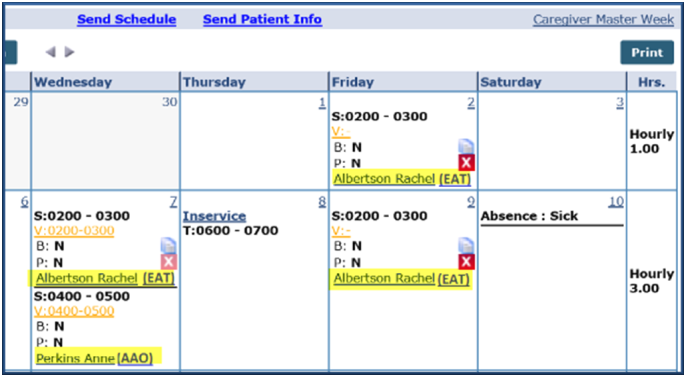 Caregiver Calendar with Assigned Office Codes