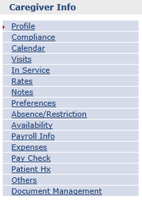 Caregiver Pages (Left Navigation Index)