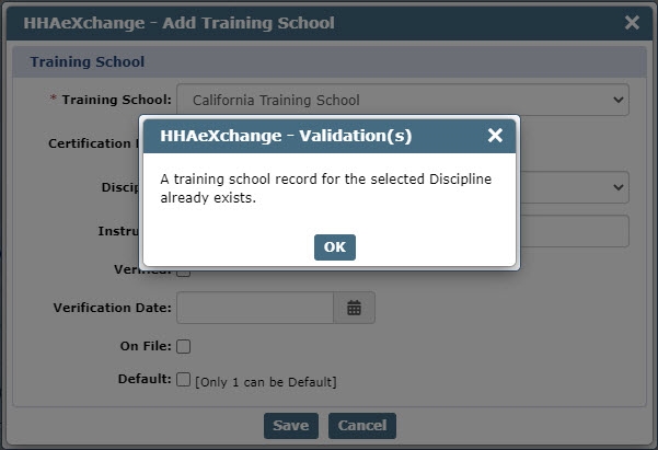 Validation: Training School Record for Discipline Exists